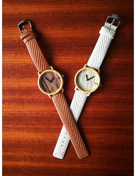 SSK TIME Reloj Bambú correa blanca esfera madera