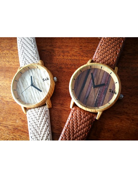 SSK TIME Reloj Bambú correa blanca esfera madera