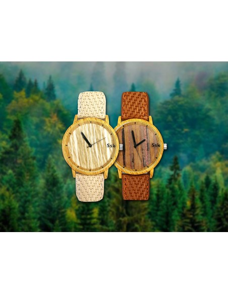 SSK TIME Reloj Bambú correa blanca esfera madera