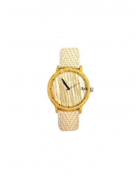 SSK TIME Reloj Bambú correa blanca esfera madera