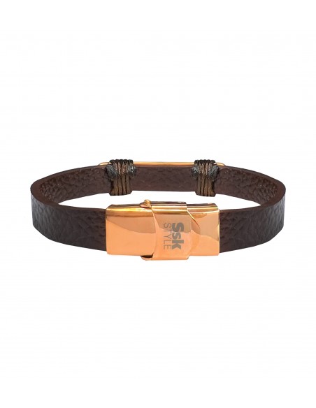 SSK STYLE BRACELET ROSE GOLD METAL ROPE AND DARK BROWN LEATHER 20CM