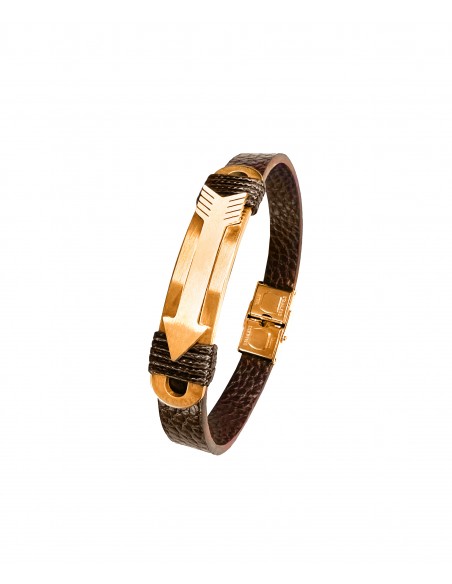 Pulsera SSK STYLE cuerda metal oro rosado y piel marrón oscuro 20cm