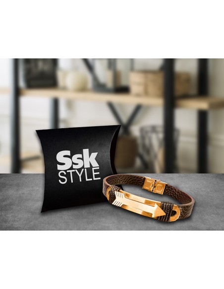 SSK STYLE BRACELET ROSE GOLD METAL ROPE AND DARK BROWN LEATHER 20CM