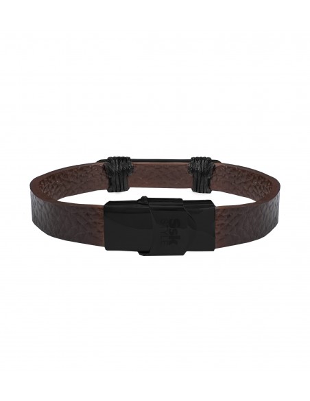 PULSEIRA ESTILO SSK CORDA DE METAL PRETO E COURO CASTANHO ESCURO 20CM