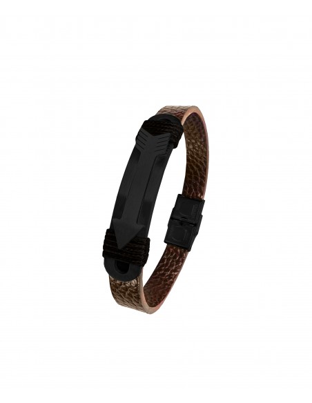 PULSEIRA ESTILO SSK CORDA DE METAL PRETO E COURO CASTANHO ESCURO 20CM