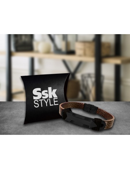 PULSEIRA ESTILO SSK CORDA DE METAL PRETO E COURO CASTANHO ESCURO 20CM