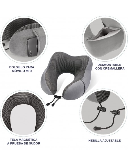 COJÍN DE VIAJE VISCOELÁSTICO GRIS/NEGRO