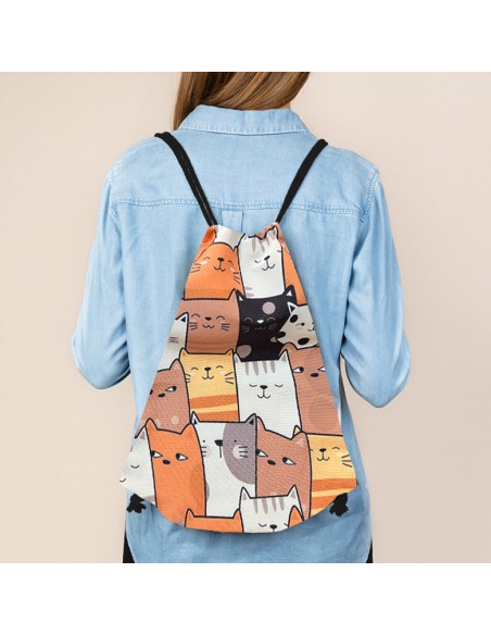 MOCHILA GATO CINCHAS CUERDAS MARRON CORDON NEGRA