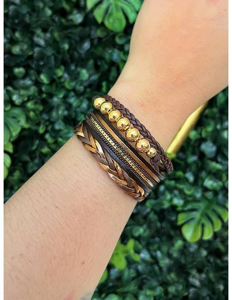 PULSERA DOBLE PIEL CON ADORNOS MARRÓN PL297-13