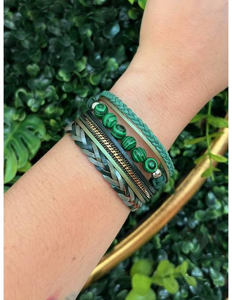 PULSERA DOBLE PIEL CON ADORNOS VERDE PL297-114