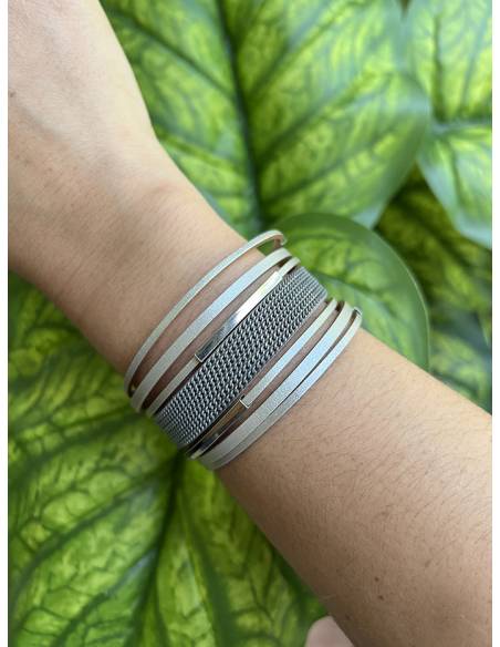 PULSERA DOBLE PIEL CON TIRAS GRIS PL297-07