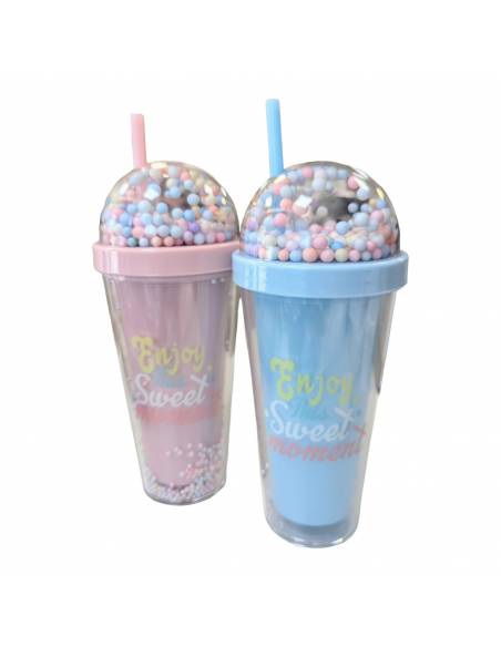 Vaso Bolitas de colores con pajita 380ML (Azul)