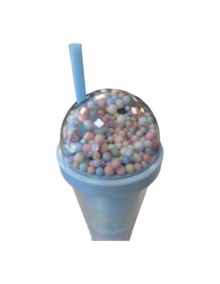 Vaso Bolitas de colores con pajita 380ML (Azul)