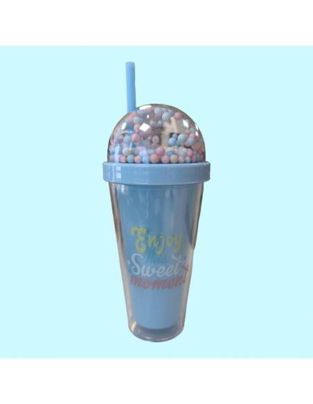 Vaso Bolitas de colores con pajita 380ML (Azul)