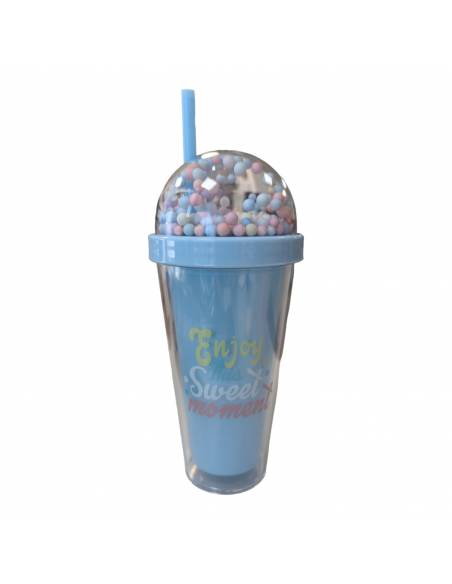 Vaso Bolitas de colores con pajita 380ML (Azul)