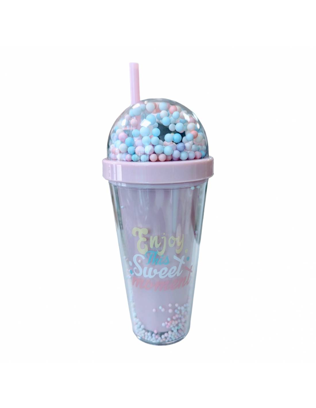 Vaso Bolitas de colores con pajita 380ML (Rosa)