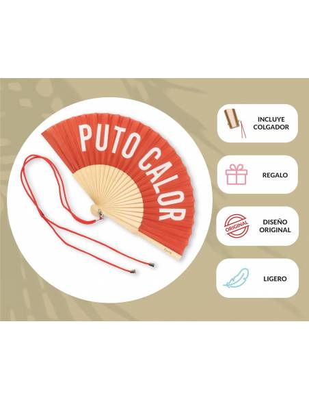 "PUTO CALOR" fan. Modern and funny wooden fan. Red fan. Fan with hanging fan. 42.5 x 23 cm.