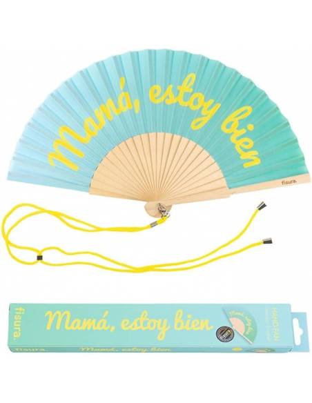 "MOM, I'M FINE" fan. Modern and funny wooden fan. Red fan. Fan with hanging fan. 42.5 x 23 cm.