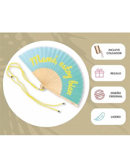 "MOM, I'M FINE" fan. Modern and funny wooden fan. Red fan. Fan with hanging fan. 42.5 x 23 cm.