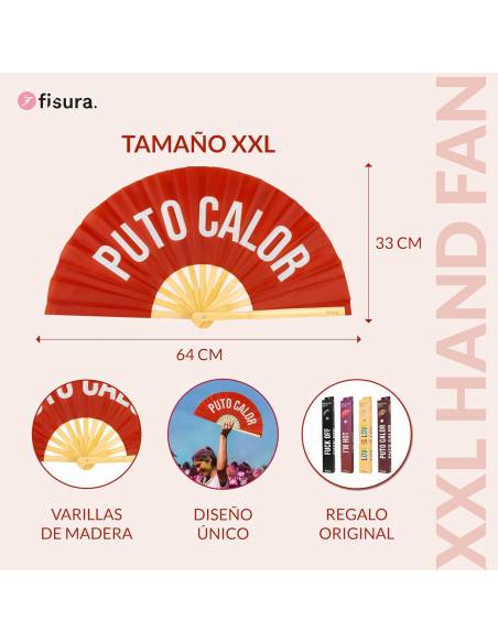 Ventilador "PUTO CALOR" de madeira vermelha XXL 64 x 33 cm.