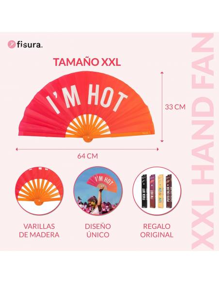 Ventilador "I'M HOT" de madeira XXL rosa e laranja 64 x 33 cm.