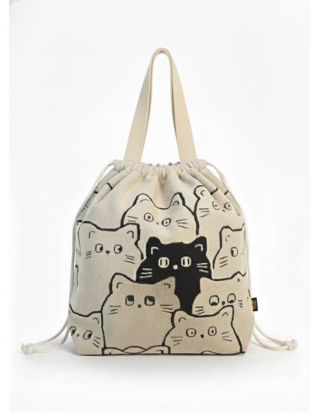 Bolso Multiusos con Cordón – Diseño de Gatos Ilustrados | Color Beige