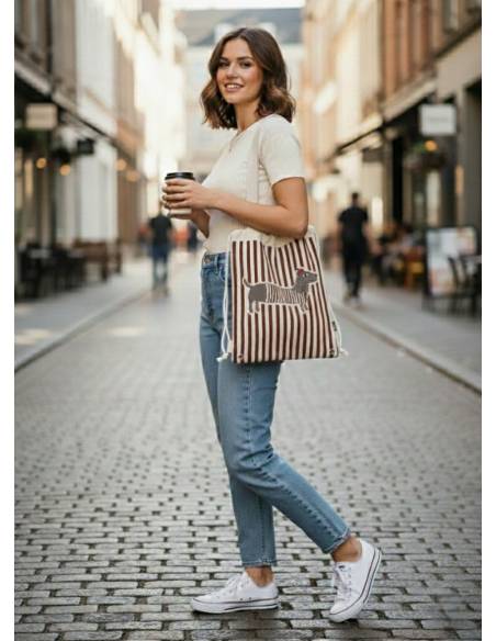 Bolso Multiusos con Cordón – Diseño Perro Teckel In Paris  | Líneas Marrones