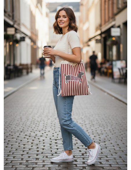 Bolso Multiusos con Cordón – Diseño Perro Teckel In Paris  | Líneas Rojas
