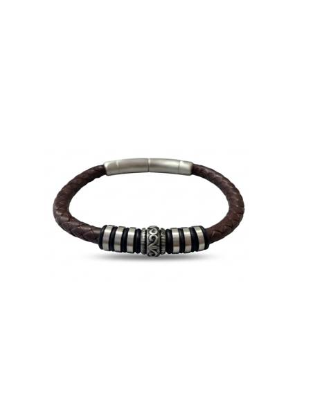 Pulsera SSK STYLE cuerda metal plata y piel marrón oscuro