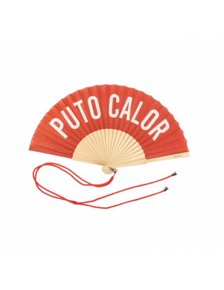Abanico "PUTO CALOR ”. Abanico de madera moderno y gracioso. Abanico rojo. Abanico con cuelga abanico. 42,5 x 23 cm.