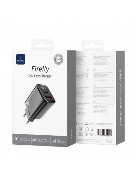 Cargador Rapido 1 USB-A + 1 USB-C con Display Digital | Color Negro