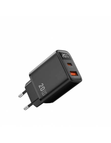 Cargador Rapido 1 USB-A + 1 USB-C con Display Digital | Color Negro
