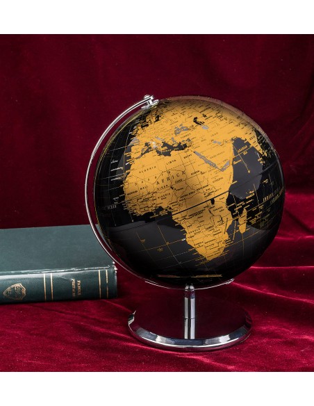 Globo Terráqueo en inglés | Decoración Oficina y Escritorio (Negro/Dorado, 20 cm)